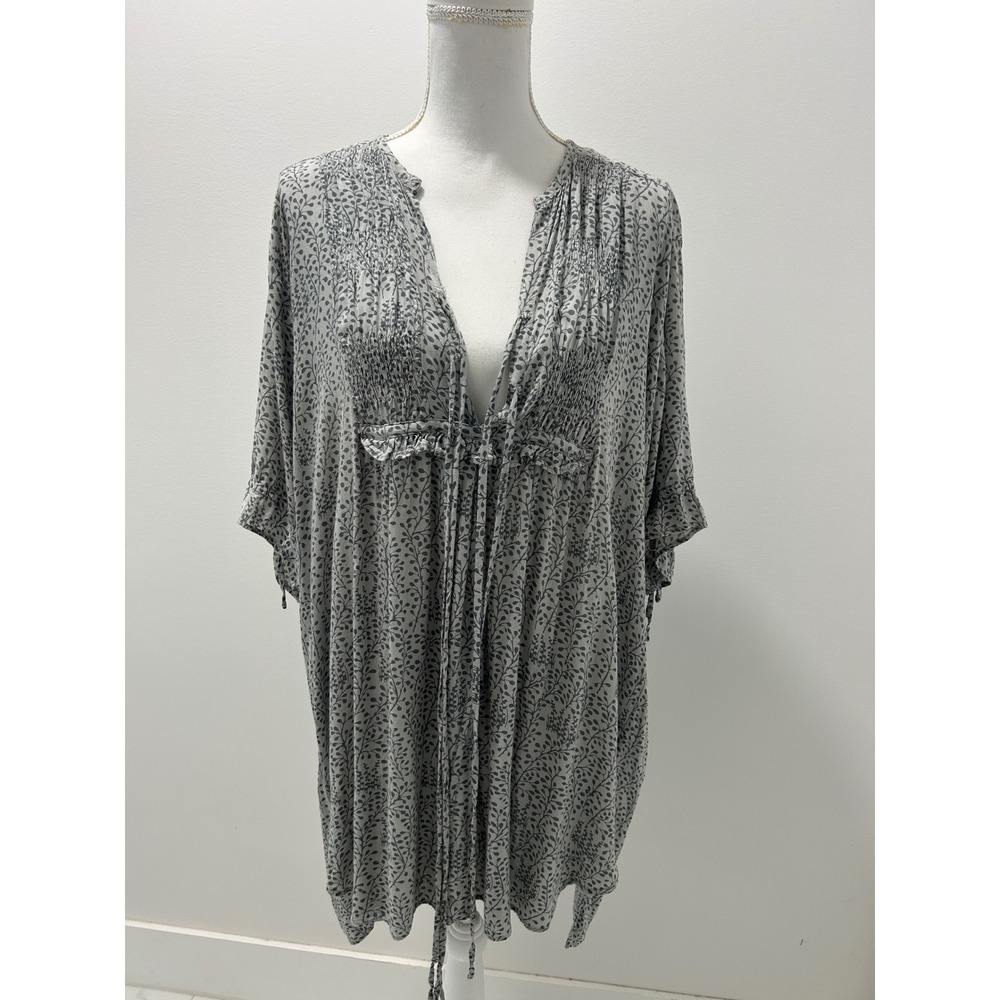 Yakoba Womens Grey Black Vine Print Smocked V-Neck Tunic Top One Size OS Boho